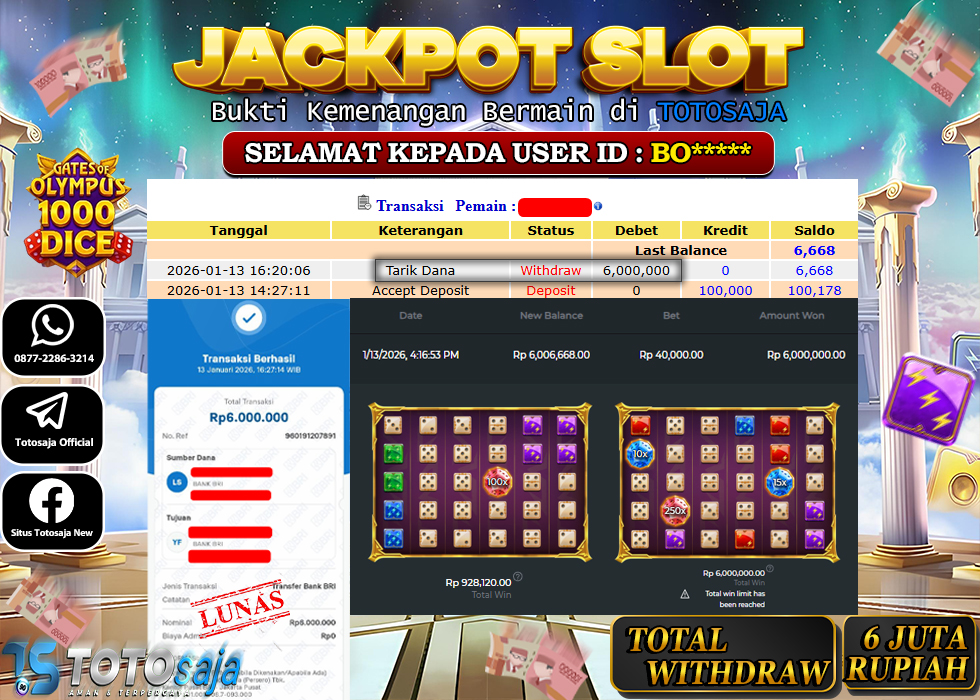 TOTOSAJA JACKPOT SLOT ONLINE GATES OF OLYMPUS 1000 DICE Rp.6.000.000,- LUNAS