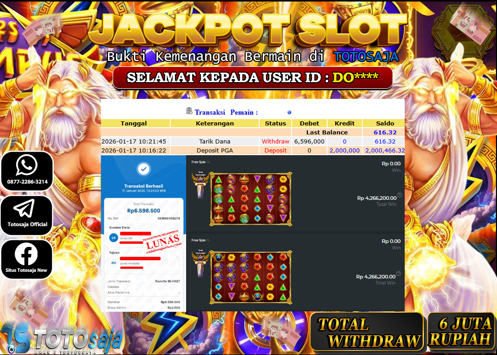 TOTOSAJA JACKPOT SLOT ONLINE Gates of Olympus Super Scatter Rp.6.596.000,- LUNAS