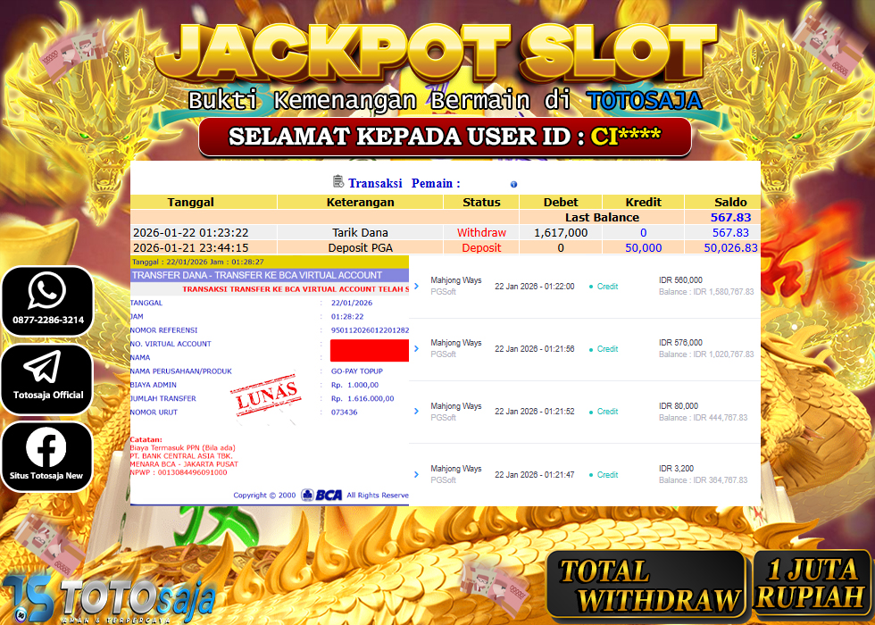 TOTOSAJA JACKPOT SLOT ONLINE MAHJONG WAYS Rp.1.617.000,- LUNAS