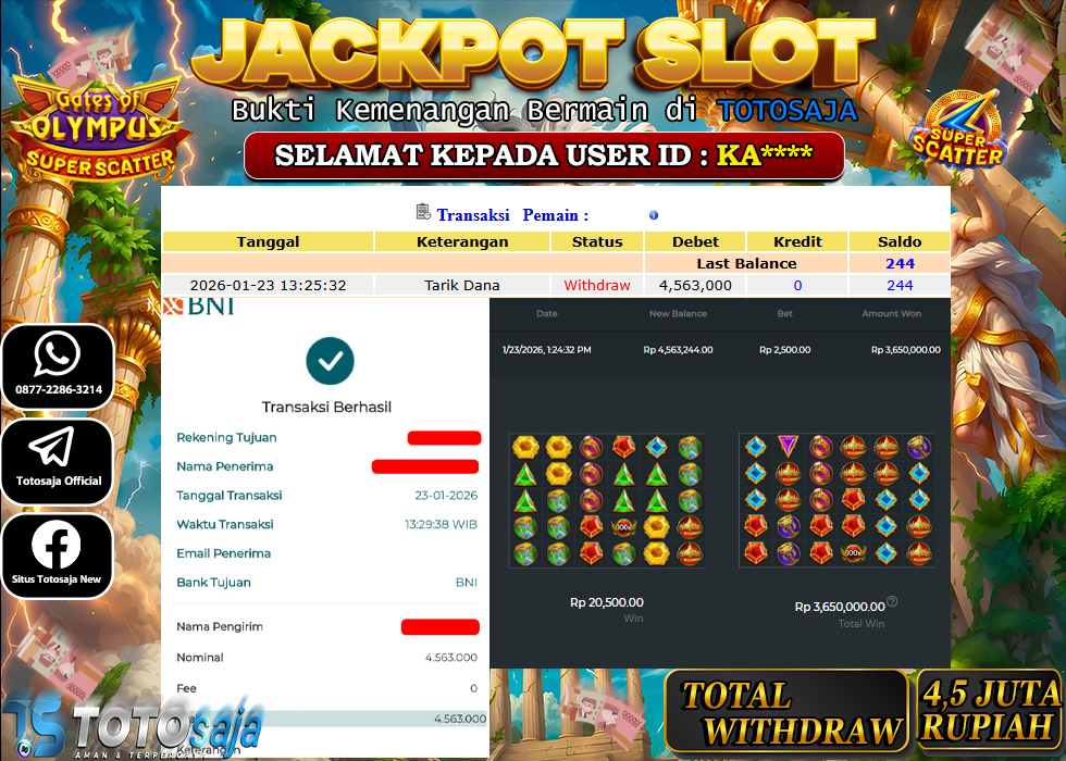 TOTOSAJA JACKPOT SLOT ONLINE  GATES OF OLYMPUS SUPER SCATTER Rp.4.563.000,- LUNAS