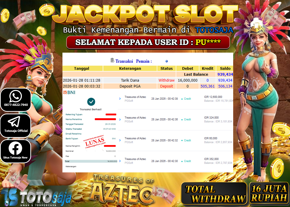 TOTOSAJA JACKPOT SLOT ONLINE TREASURES OF AZTEC Rp.16.000.000,- LUNAS