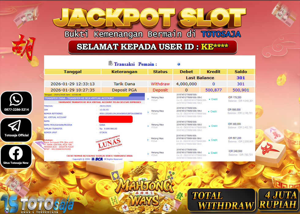 TOTOSAJA JACKPOT SLOT ONLINE MAHJONG WAYS Rp.4.000.000,- LUNAS