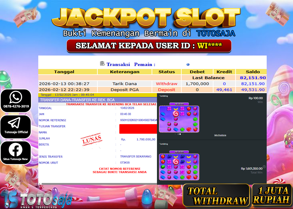 TOTOSAJA JACKPOT SLOT ONLINE SWEET BONANZA 1000 Rp.1.700.000,- LUNAS