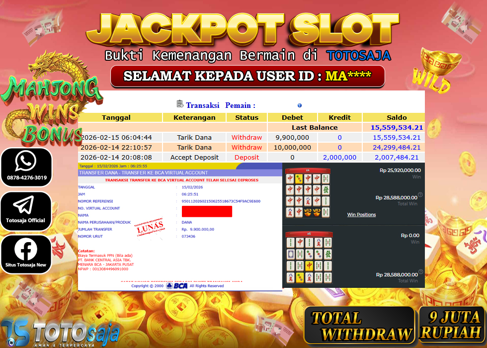 TOTOSAJA JACKPOT SLOT ONLINE MAHJONG WINS BONUS Rp.9.900.000,- LUNAS
