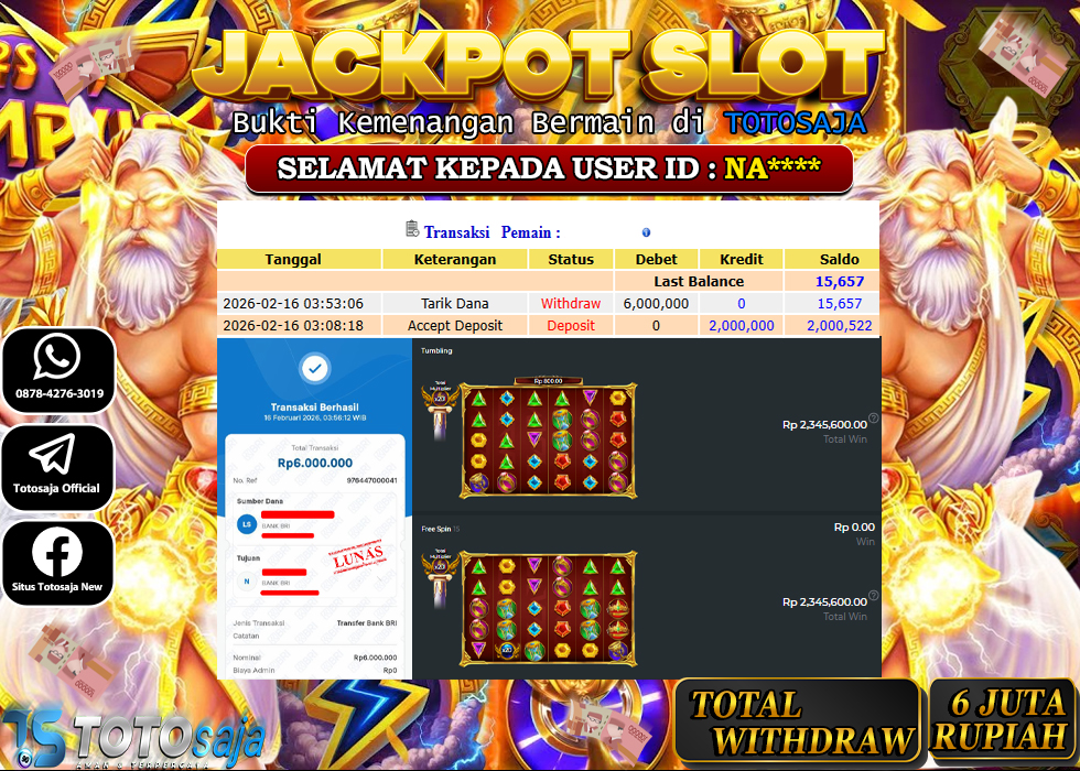TOTOSAJA JACKPOT SLOT ONLINE GATES OF OLYMPUS SUPER SCATTER Rp.6.000.000,- LUNAS