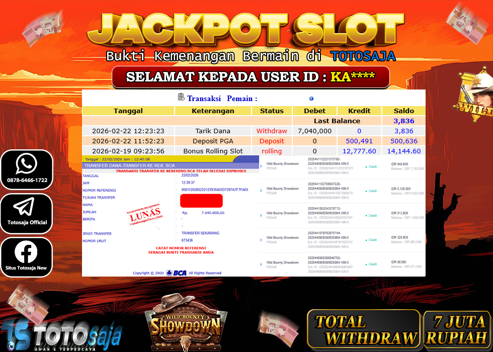 TOTOSAJA JACKPOT SLOT ONLINE WILD BOUNTY SHOWDOWN Rp.7.040.000,- LUNAS