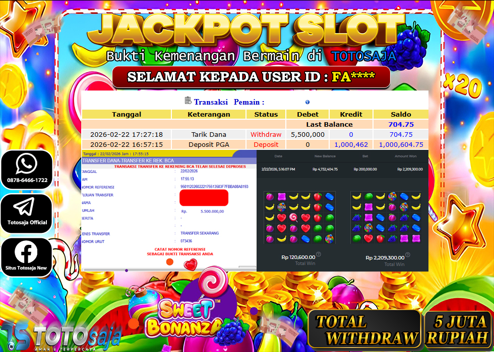 TOTOSAJA JACKPOT SLOT ONLINE SWEET BONANZA Rp.5.500.000,- LUNAS