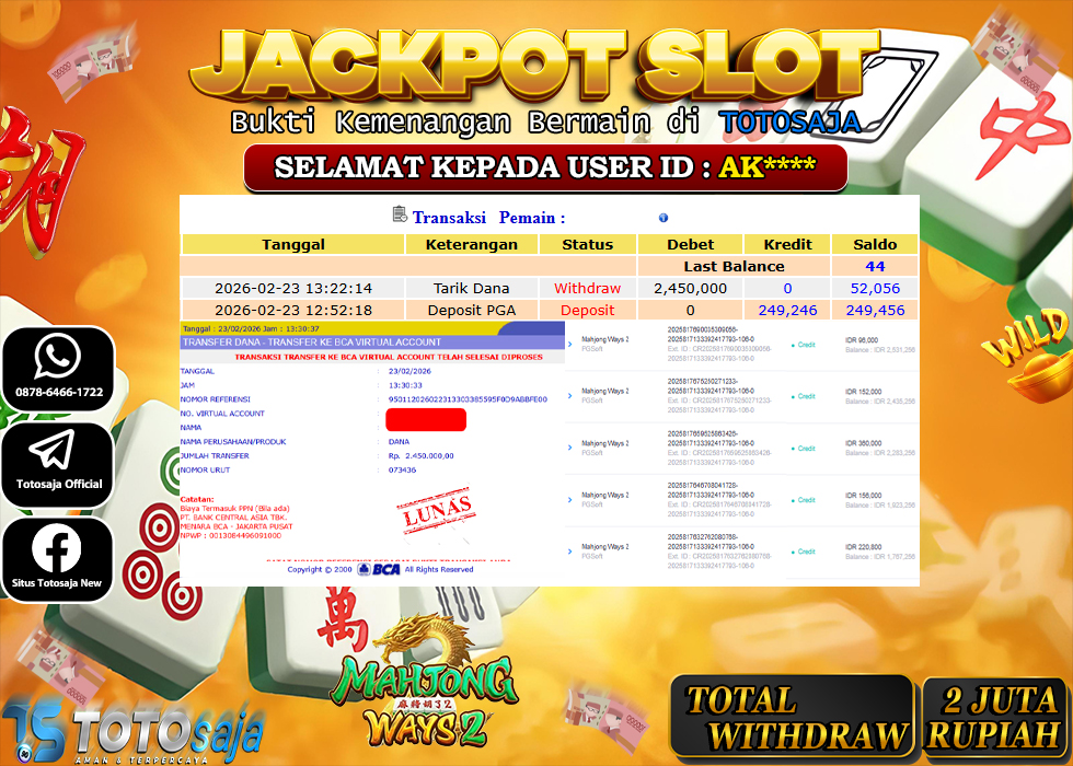 TOTOSAJA JACKPOT SLOT ONLINE MAHJONG WAYS 2 Rp.2.450.000,- LUNAS