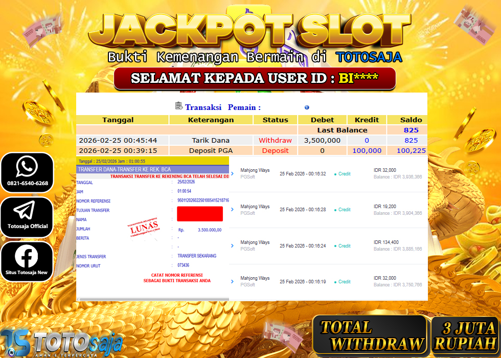 TOTOSAJA JACKPOT SLOT ONLINE MAHJONG WAYS  Rp.3.500.000,- LUNAS