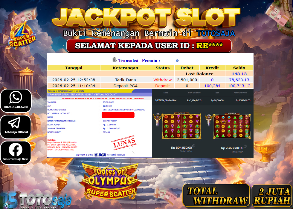 TOTOSAJA JACKPOT SLOT ONLINE GATES OF OLYMPUS SUPER SCATTER Rp.2.501.000,- LUNAS