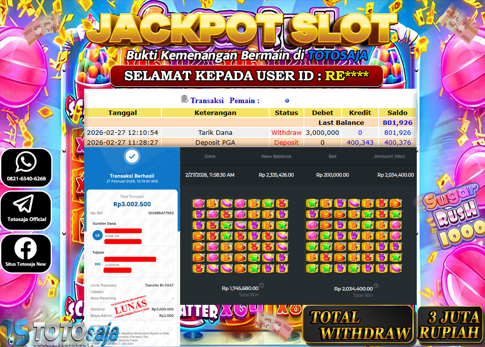 TOTOSAJA JACKPOT SLOT ONLINE SUGAR RUSH 1000 Rp.3.000.000,- LUNAS
