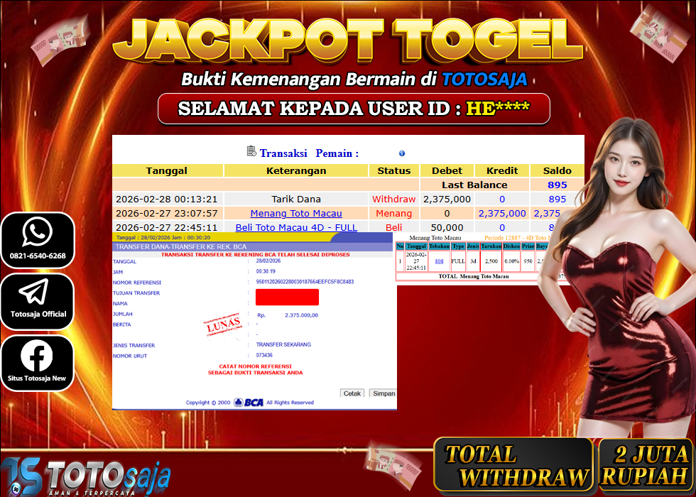 TOTOSAJA JACKPOT TOGEL ONLINE TOTOMACAU Rp.2.375.000,- LUNAS