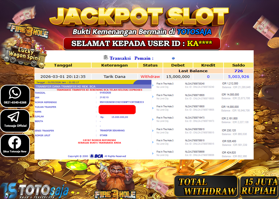 TOTOSAJA JACKPOT SLOT ONLINE FIRE IN THE HOLE 3 Rp.15.000.000,- LUNAS