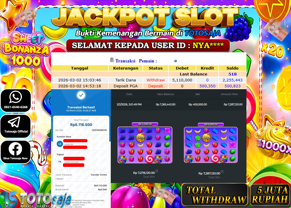 TOTOSAJA JACKPOT SLOT ONLINE SWEET BONANZA 1000 Rp.5.110.000,- LUNAS