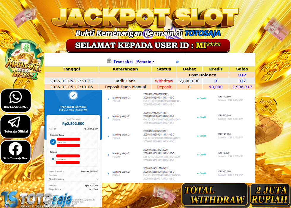 TOTOSAJA JACKPOT SLOT ONLINE MAHJONG WAYS 2 Rp.2.800.000,- LUNAS