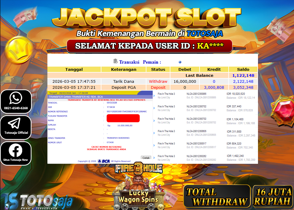 TOTOSAJA JACKPOT SLOT ONLINE FIRE IN THE HOLE 3 Rp.16.000.000,- LUNAS