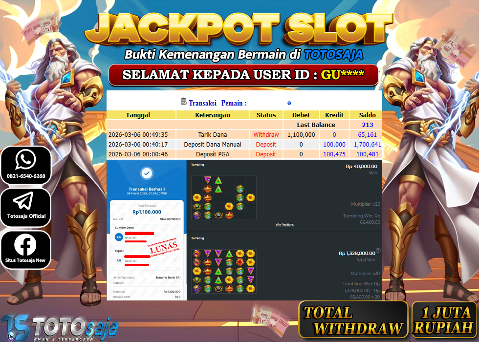 TOTOSAJA JACKPOT SLOT ONLINE GATES OF OLYMPUS 1000 Rp.1.100.000,- LUNAS