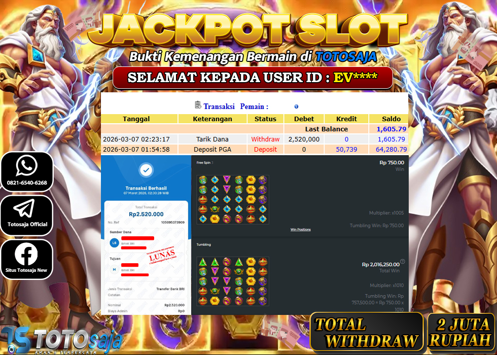 TOTOSAJA JACKPOT SLOT ONLINE GATES OF OLYMPUS 1000 Rp.2.520.000,- LUNAS
