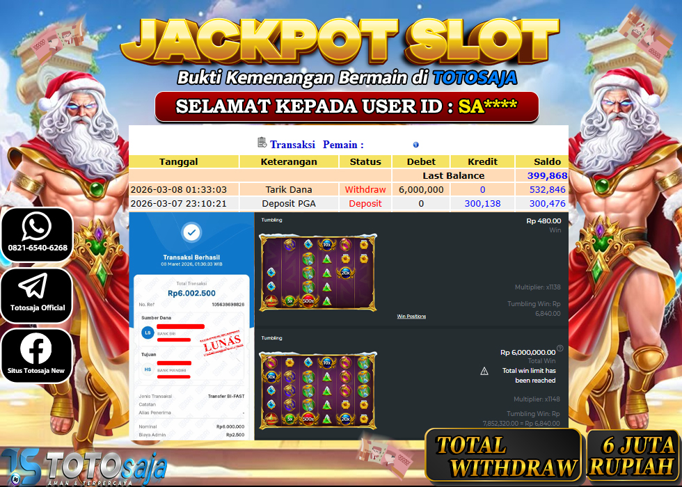TOTOSAJA JACKPOT SLOT ONLINE GATES OF OLYMPUS XMAS 1000 Rp.6.000.000,- LUNAS