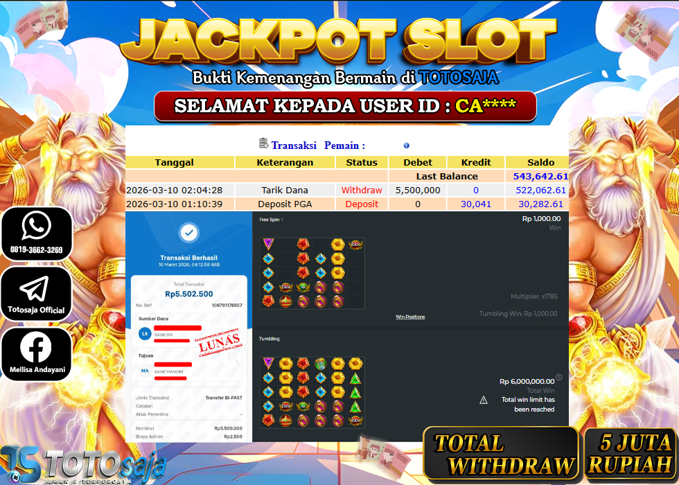 TOTOSAJA JACKPOT SLOT ONLINE GATES OF OLYMPUS 1000 Rp.5.500.000,- LUNAS