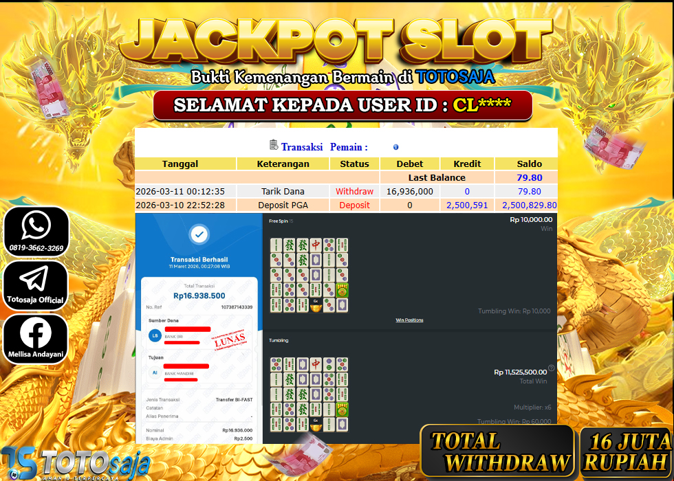 TOTOSAJA JACKPOT SLOT ONLINE MAHJONG BONANZA  Rp.16.936.000,- LUNAS