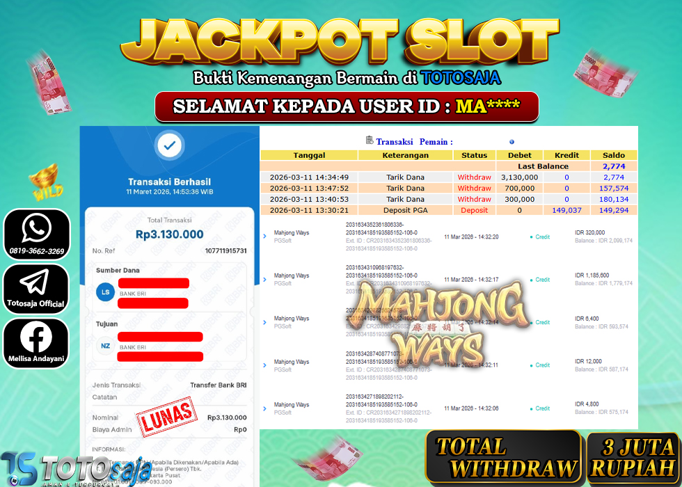 TOTOSAJA JACKPOT SLOT ONLINE MAHJONG WAYS Rp.3.130.000,- LUNAS