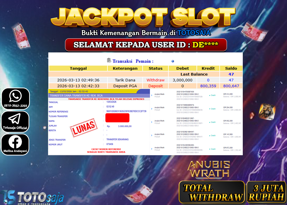 TOTOSAJA JACKPOT SLOT ONLINE ANUBIS WRATH Rp.3.000.000,- LUNAS