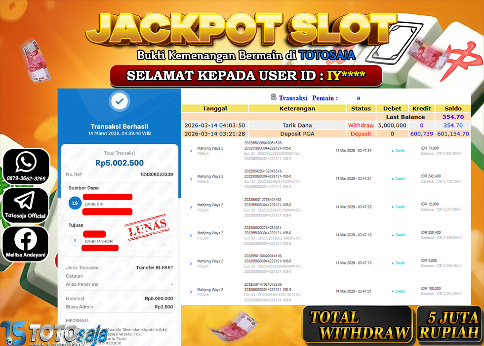 TOTOSAJA JACKPOT SLOT ONLINE MAHJONG WAYS 2 Rp.5.000.000,- LUNAS