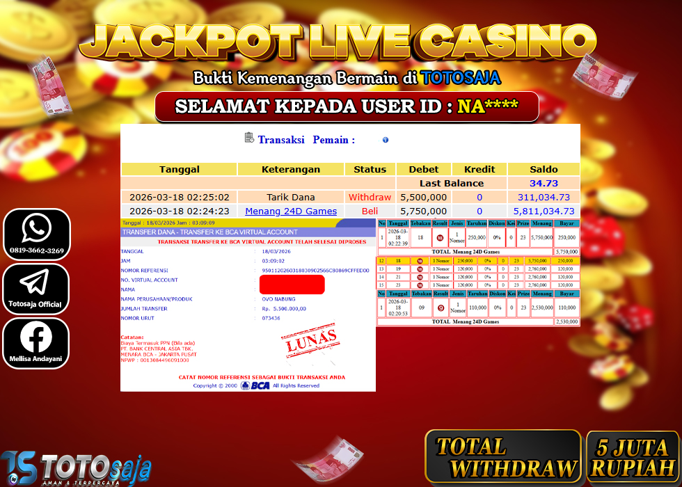 TOTOSAJA JACKPOT LIVE CASINO 24D SPIN Rp.5.500.000,- LUNAS