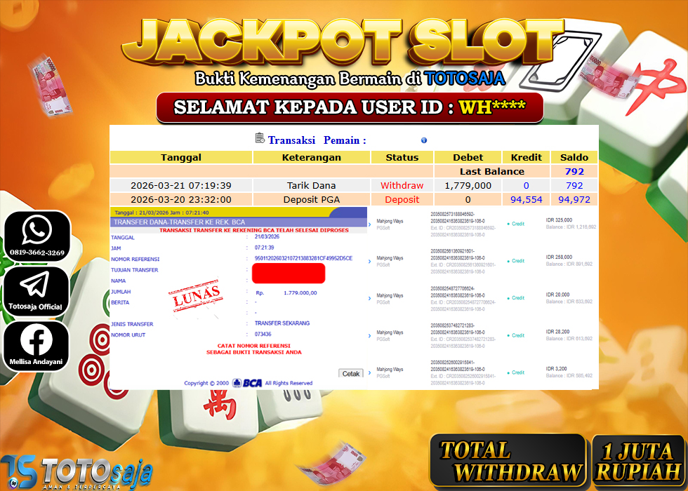 TOTOSAJA JACKPOT SLOT ONLINE MAHJONG WAYS Rp.1.779.000,- LUNAS
