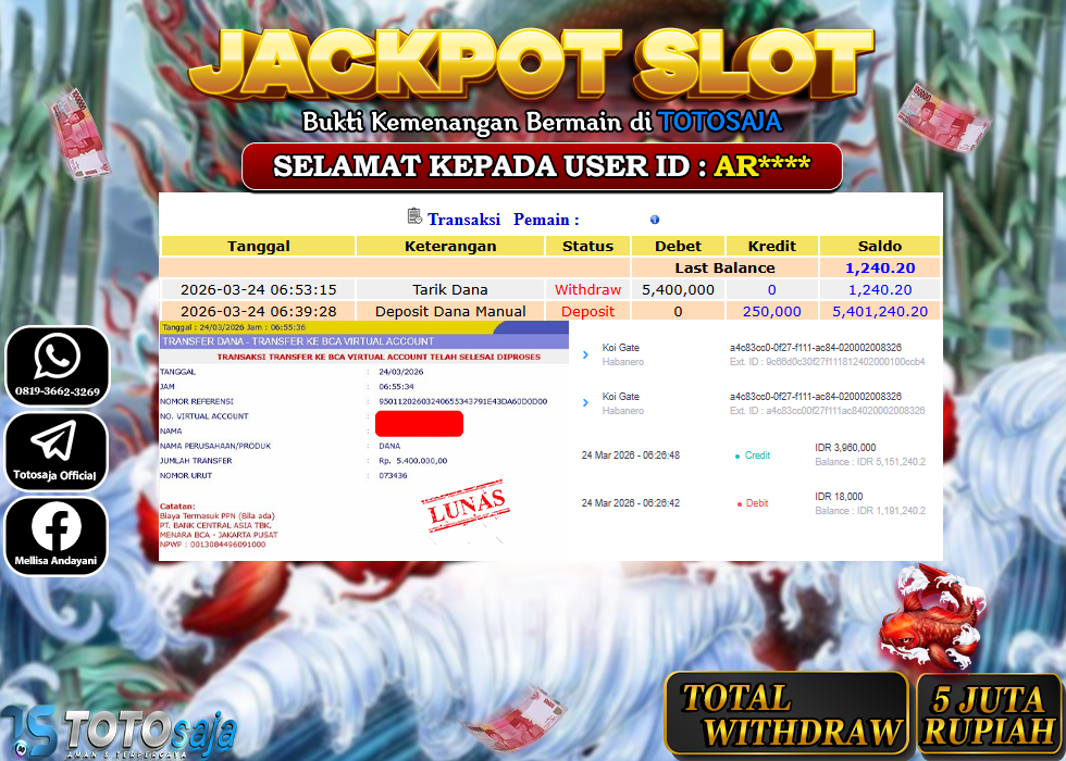 TOTOSAJA JACKPOT SLOT ONLINE KOI GATE Rp.5.400.000,- LUNAS