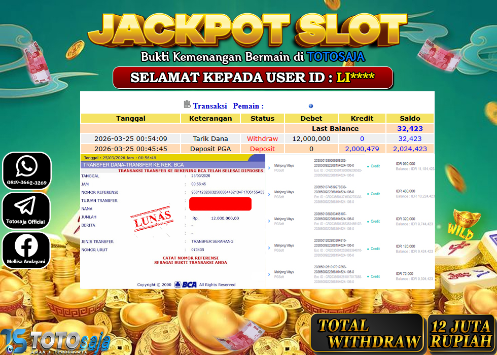 TOTOSAJA JACKPOT SLOT ONLINE MAHJONG Rp.12.000.000,- LUNAS