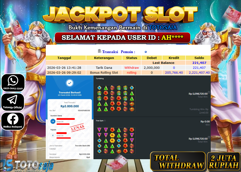 TOTOSAJA JACKPOT SLOT ONLINE GATES OF OLYMPUS  1000 Rp.2.000.000,- LUNAS