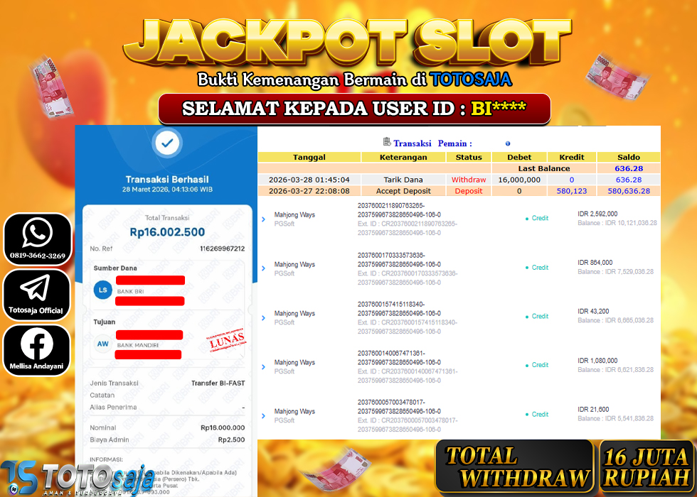 TOTOSAJA JACKPOT SLOT ONLINE MAHJONG Rp.16.000.000,- LUNAS
