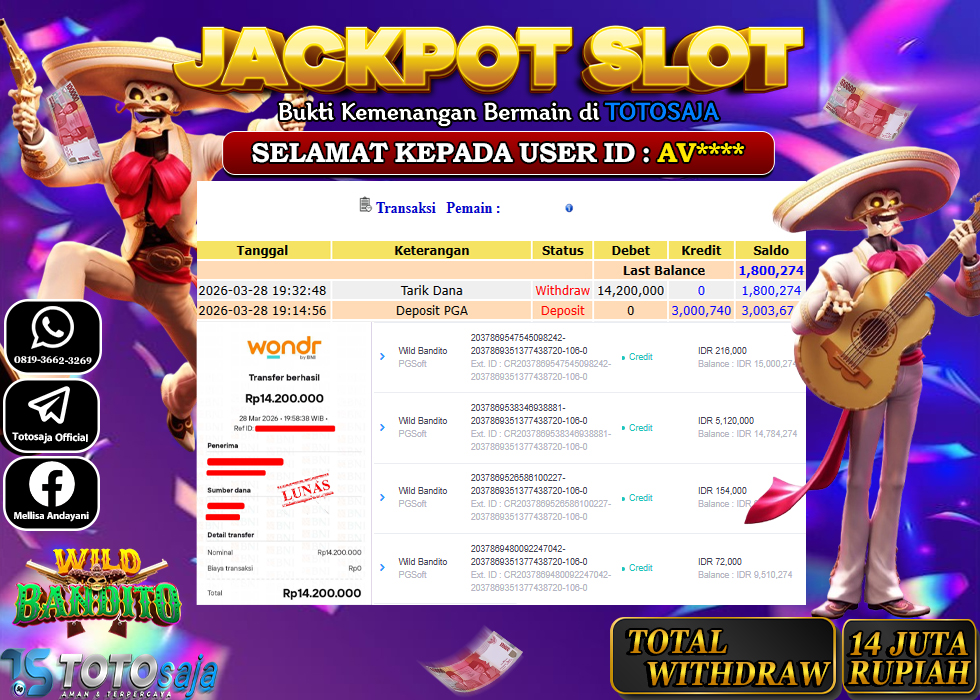 TOTOSAJA JACKPOT SLOT ONLINE  WILD BANDITORp.14.200.000,- LUNAS