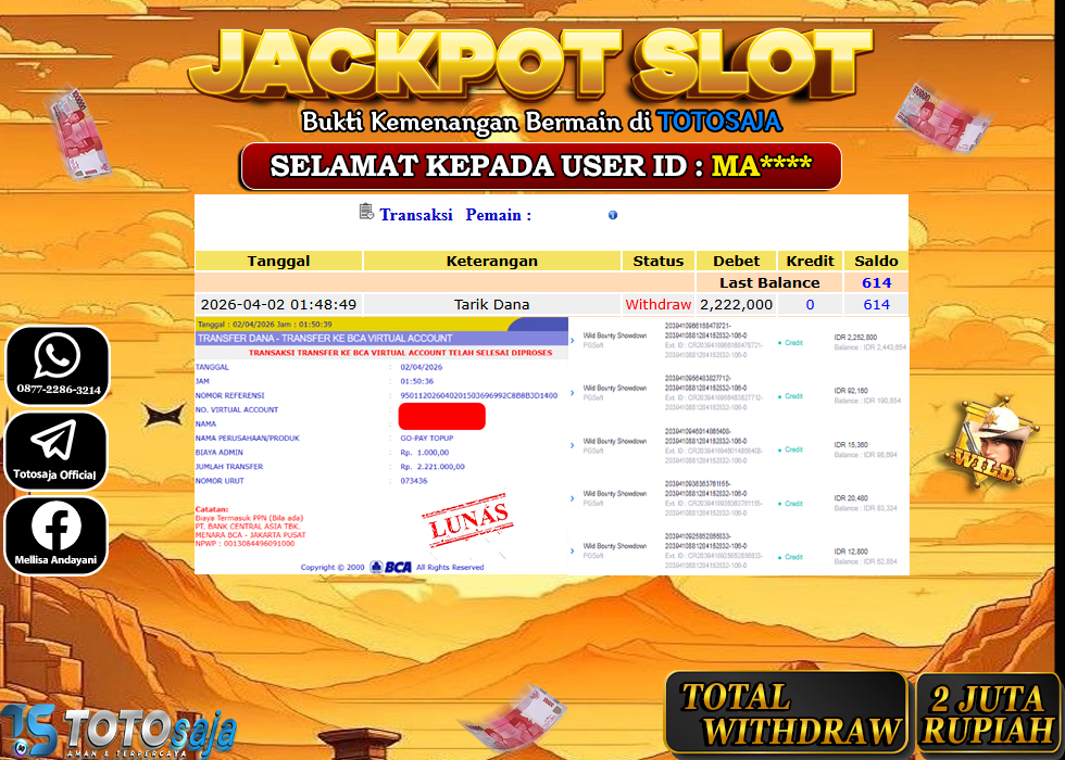 TOTOSAJA JACKPOT SLOT ONLINE WILD BOUNTY SHOWDOWN Rp.2.222.000,- LUNAS