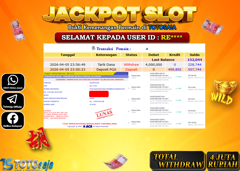 TOTOSAJA JACKPOT SLOT ONLINE MAHJONG WAYS Rp.4.000.000,- LUNAS