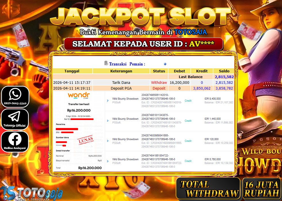 TOTOSAJA JACKPOT SLOT ONLINE WILD BOUNTY SHOWDOWN Rp.16.200.000,- LUNAS