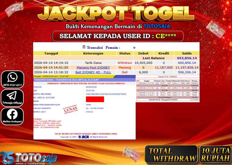 TOTOSAJA JACKPOT TOGEL ONLINE SYDNEY Rp.10.505.000,- LUNAS