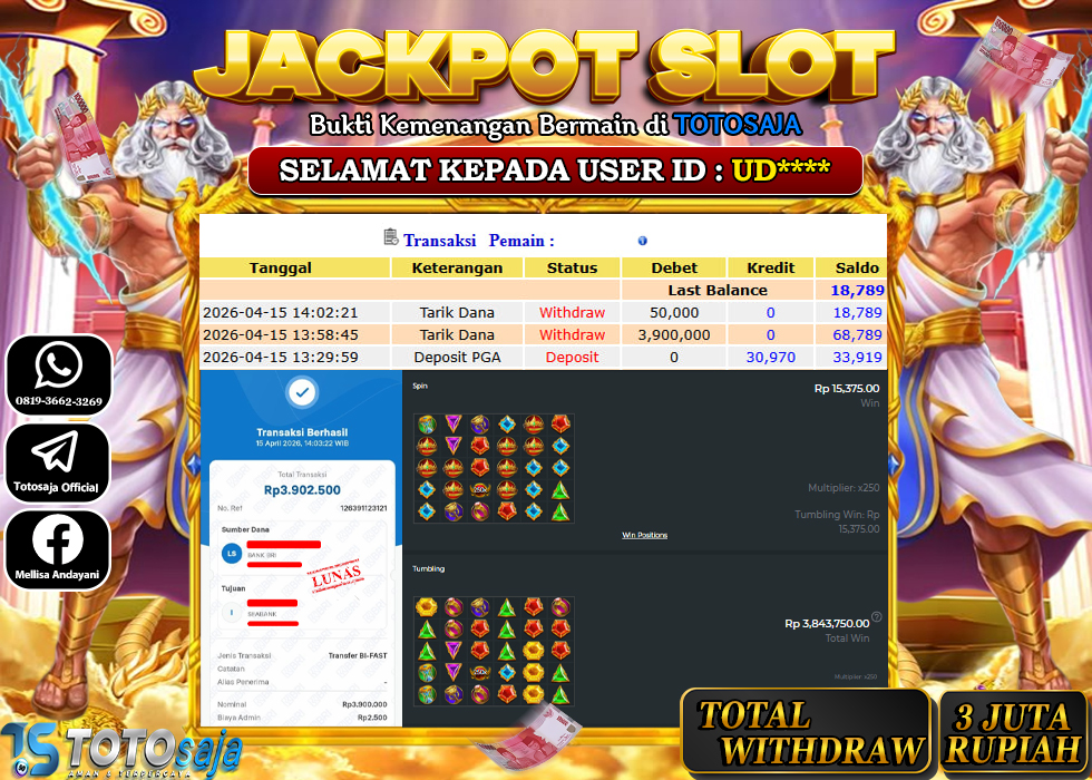 TOTOSAJA JACKPOT SLOT ONLINE GATES OF OLYMPUS 1000 Rp.3.900.000,- LUNAS
