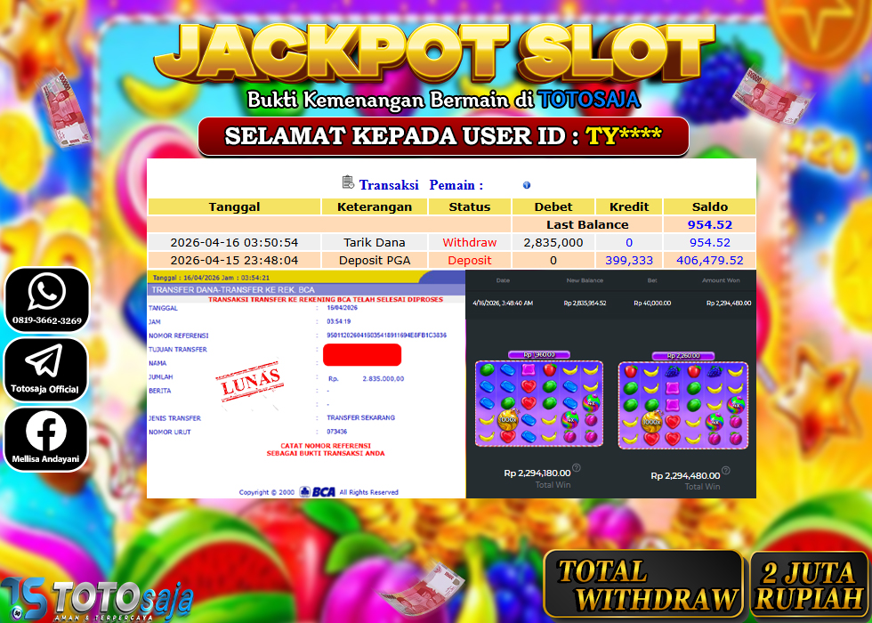 TOTOSAJA JACKPOT SLOT ONLINE SWEET BONANZA 1000 Rp.2.835.000,- LUNAS