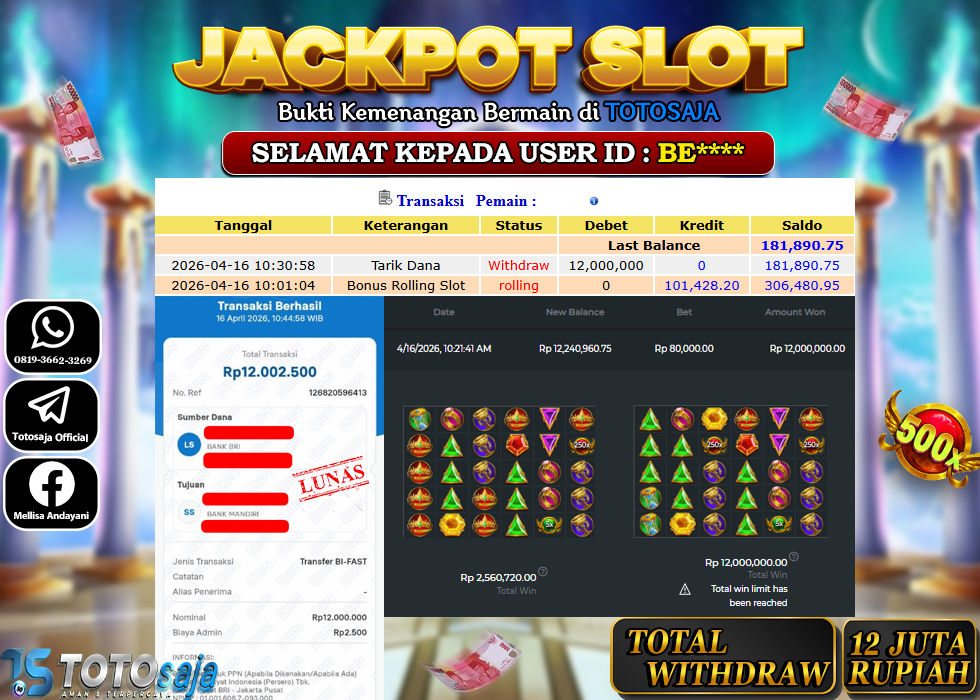 TOTOSAJA JACKPOT SLOT ONLINE GATES OF OLYMPUS 1000 Rp.12.000.000,- LUNAS
