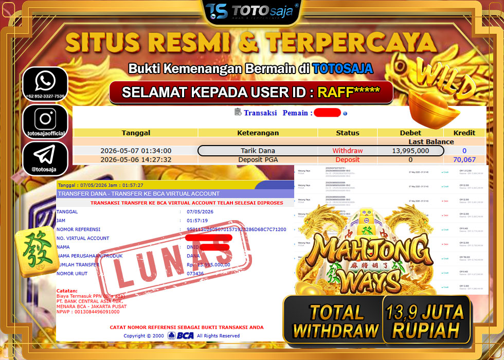 TOTOSAJA JACKPOT SLOT ONLINE MAHJONG WAYS Rp.13.995.000,- LUNAS