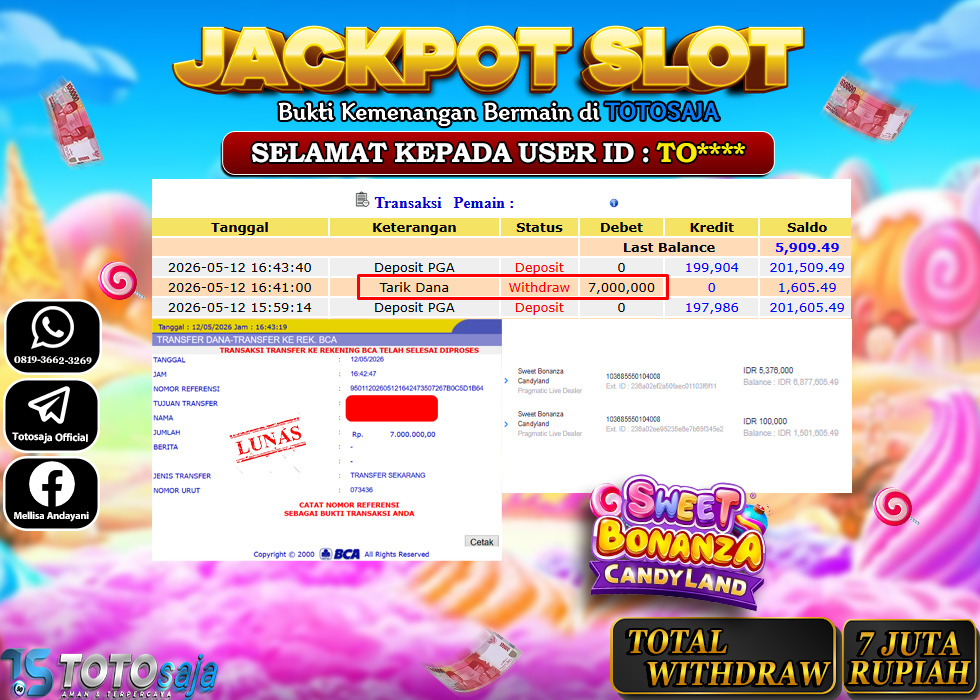 TOTOSAJA JACKPOT CASINO ONLINE SWEET BONANZA CANDYLAND Rp.7.000.000,- LUNAS