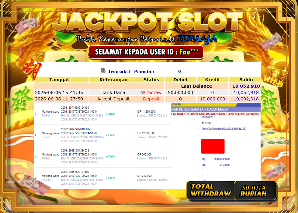 TOTOSAJA JACKPOT SLOT ONLINE MAHJONG WAYS Rp.50.000.000,- LUNAS