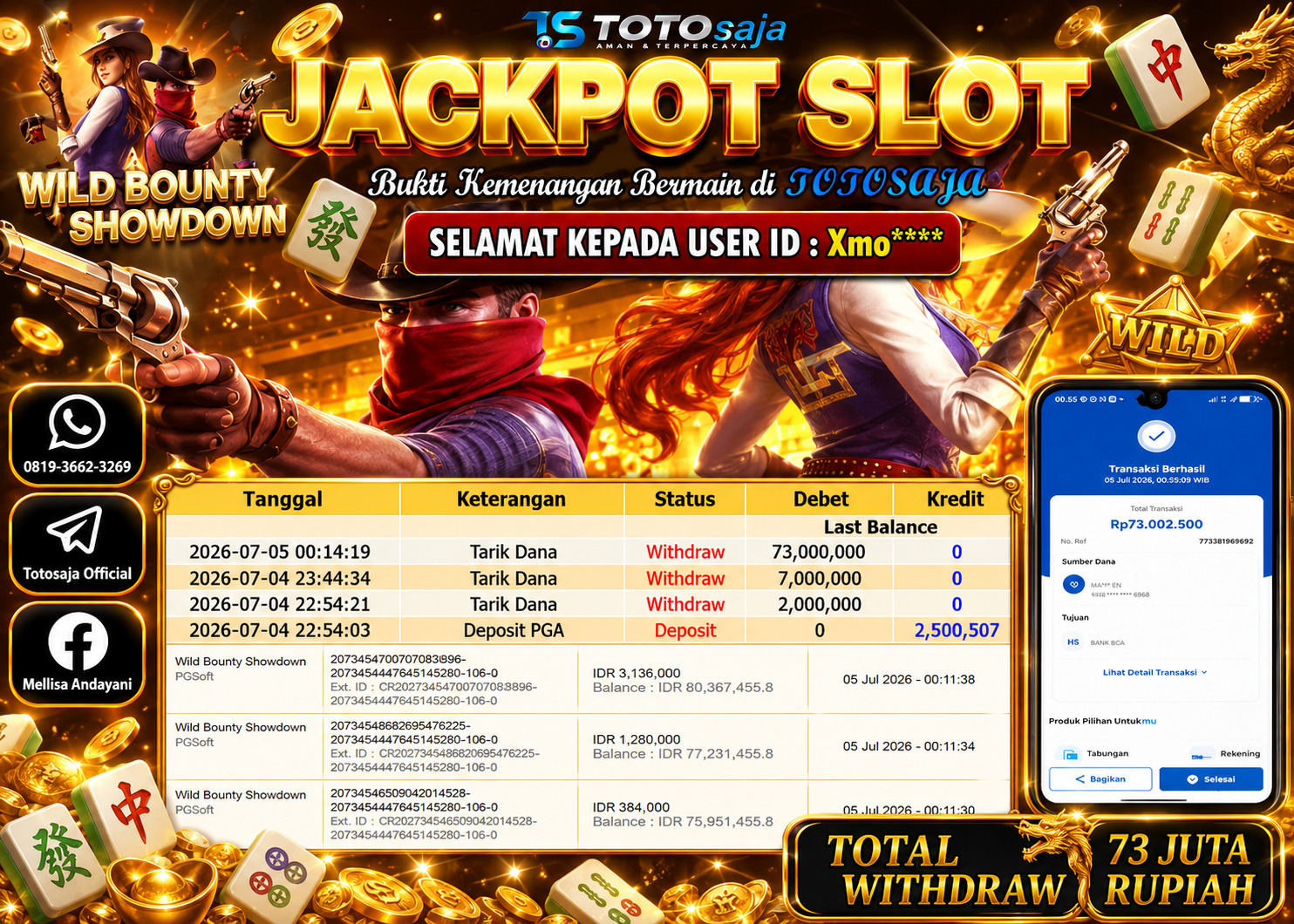 TOTOSAJA JACKPOT SLOT ONLINE WILD BOUNTY SHOWDOWN Rp.73,000.000,- LUNAS