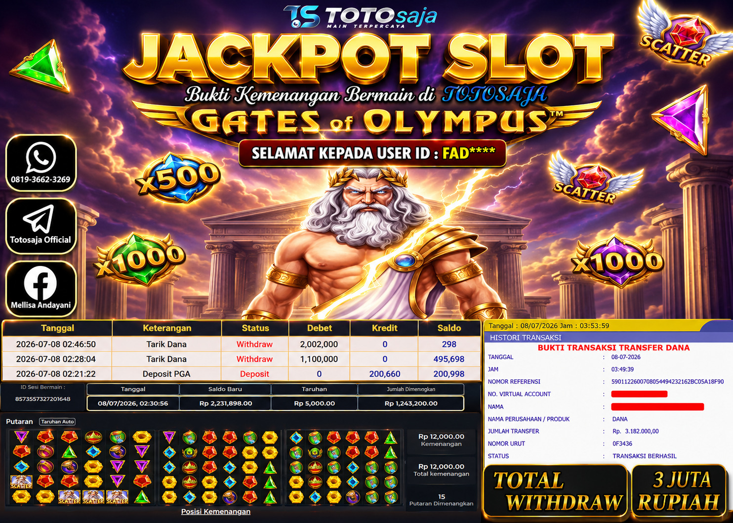 TOTOSAJA JACKPOT SLOT ONLINE GATES OF OLYMPUS 1000 Rp.3.000.000,- LUNAS