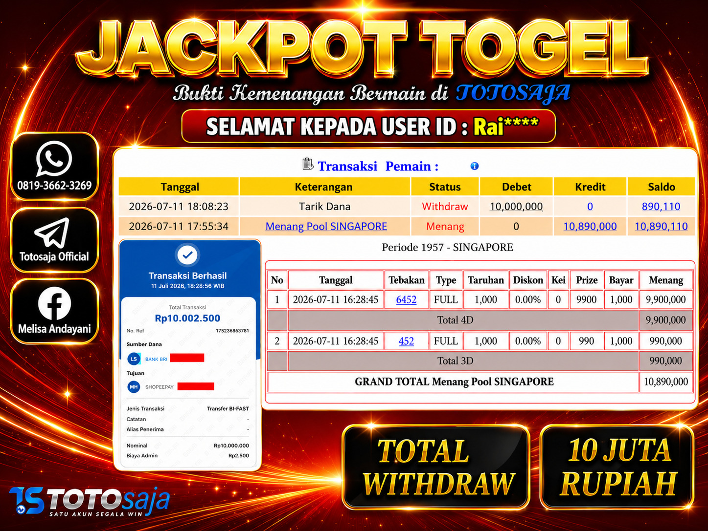 TOTOSAJA JACKPOT TOGEL ONLINE SINGAPORE Rp.10.000.000,- LUNAS