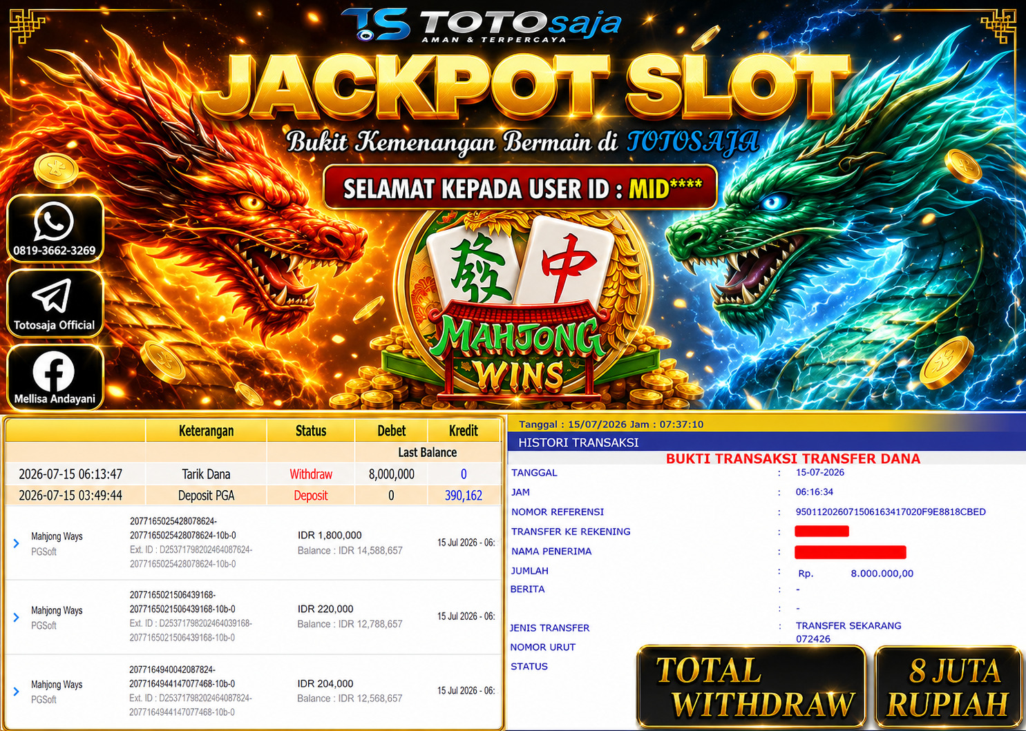 TOTOSAJA JACKPOT SLOT ONLINE MAHJONG WAYS  Rp.8,000.000,- LUNAS