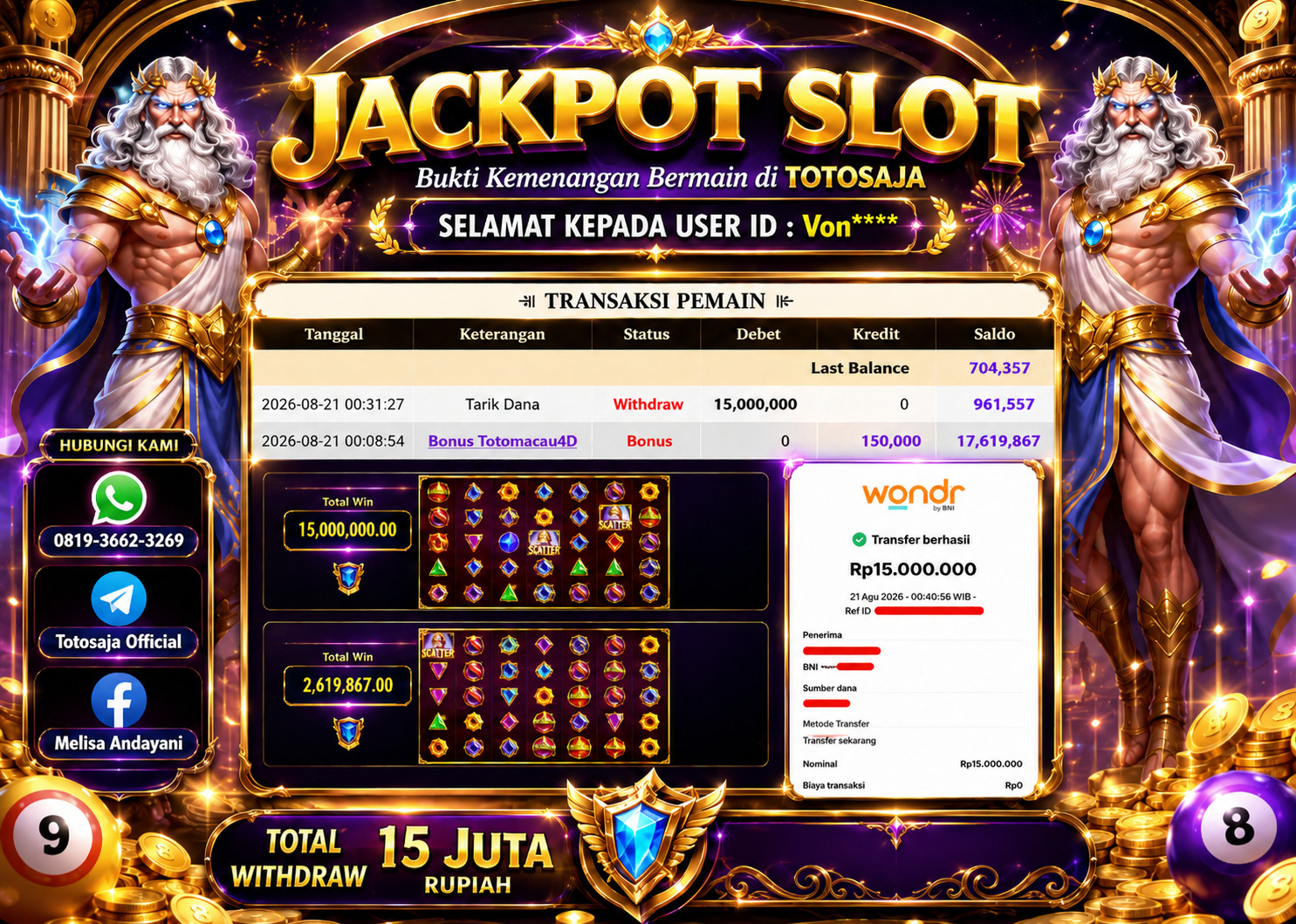 TOTOSAJA JACKPOT SLOT ONLINE GATES OF OLYMPUS SUPER SCATTER Rp.15.000.000,- LUNAS